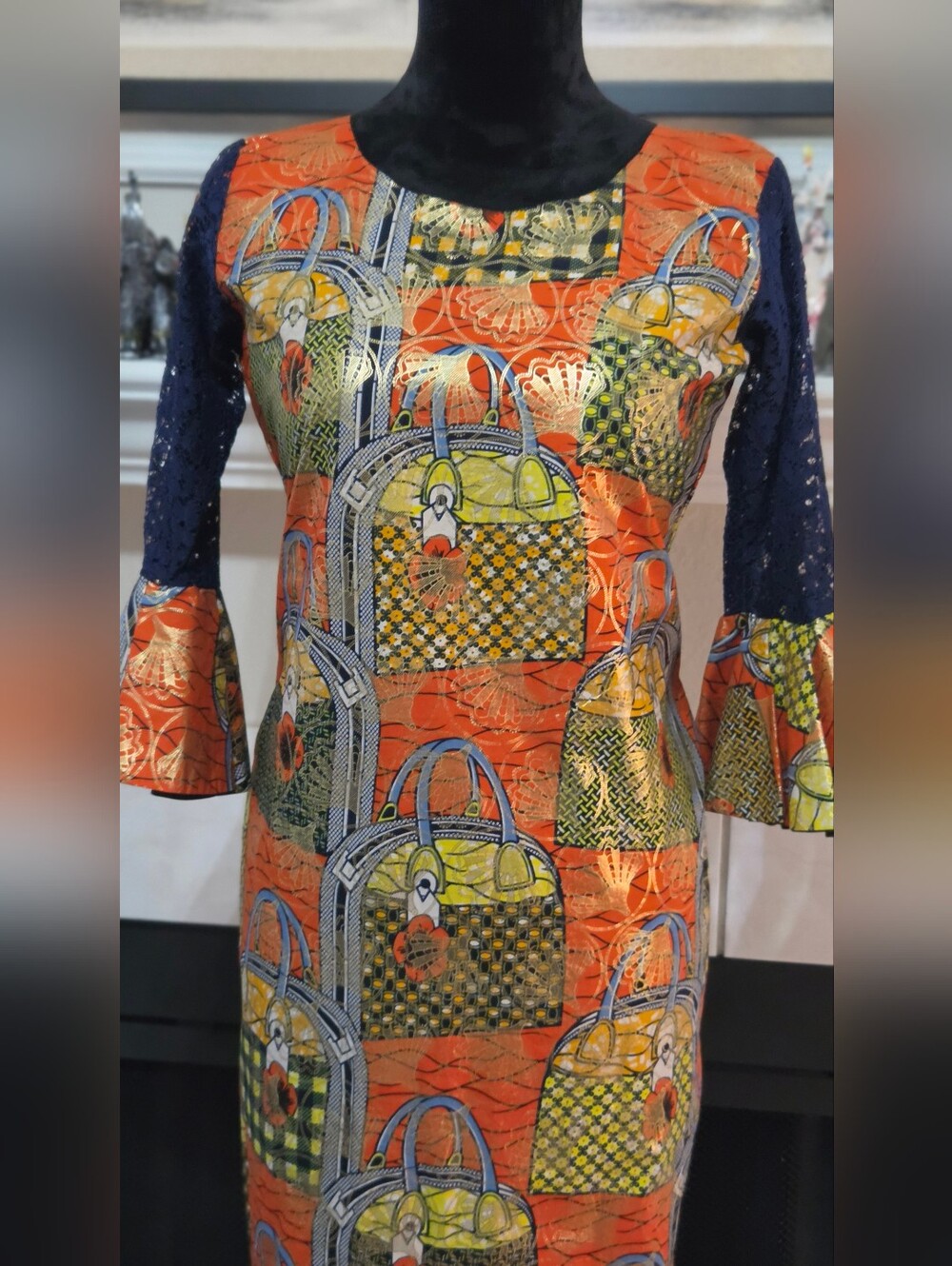 ✨ Stunning African Wax Print Maxi Dress with Lace Bell Sleeves ✨